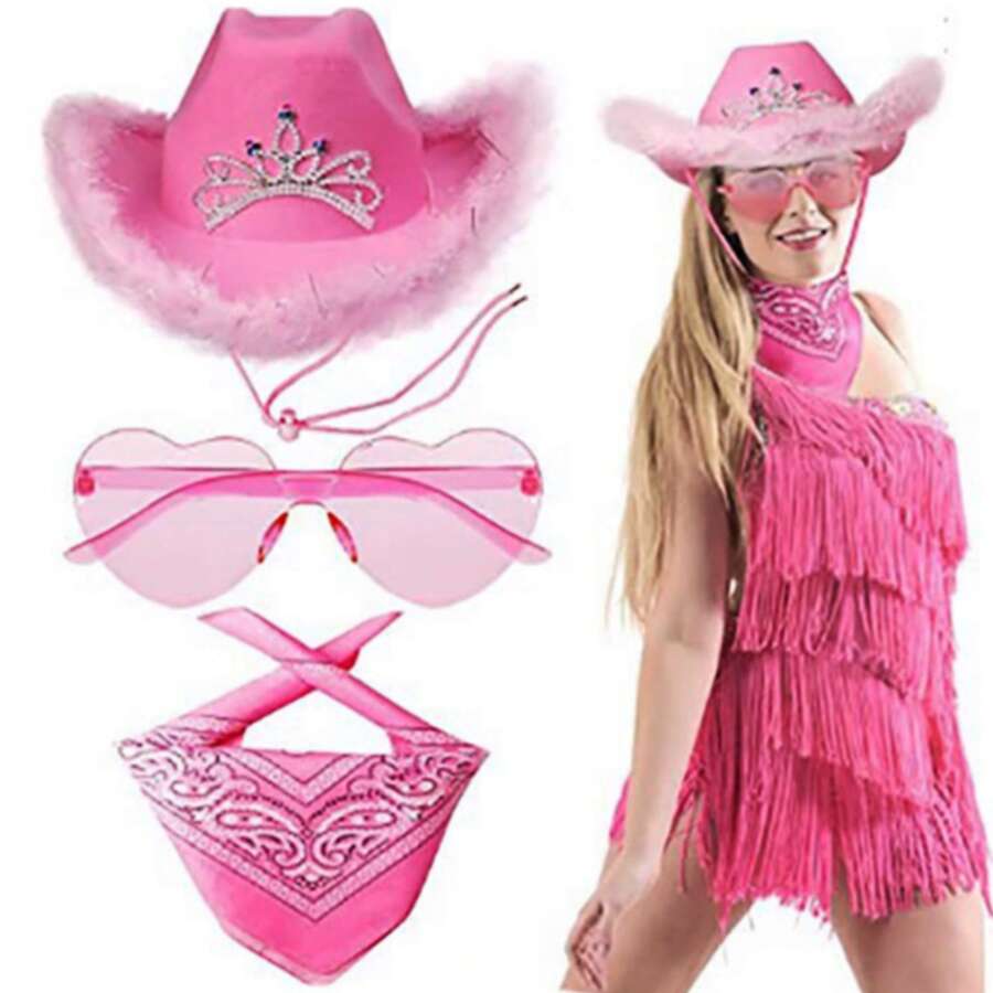 3入組復古西部風格牛仔帽,帽冠羽毛鑽飾+蝴蝶領+心形太陽眼鏡,音樂節、鄉村音樂派對裝扮配件 - 彩色 - 查看 1