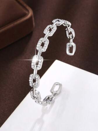 1 件时尚百搭女士锆石铜手镯，适合日常佩戴和派对，可调节银色尺寸