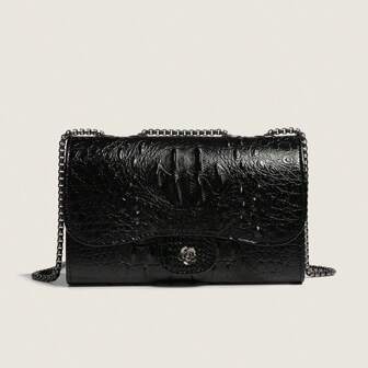 1pc Solid Color Versatile Pu Crocodile Pattern Embossed Shoulder Bag With Lock Buckle, Camellia Chain Crossbody Bag For Women, Daily Simple Style