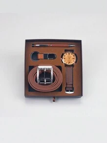 Conjunto de caja de regalo para novio, esposo o hombres de negocios que incluye reloj sencillo, correa de estilo empresarial, llavero de moda, pluma práctica de firma, adecuado como regalo de graduación para estudiantes escolares, día del maestro y ocasiones de regalos para papá - Marrón - Ver 2