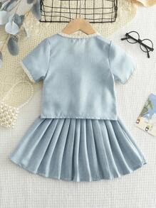 Young Girl Elegant College Style Two Pieces Set With Patchwork Ribbon Short Sleeve Top And Pleated Mini Skirt, Summer