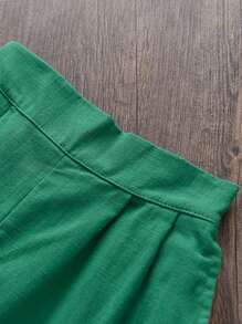 Young Girl 2-Piece Solid Color Ruffle Hem Sweet Top And Pleated Shorts Set, Summer - Green - View 7