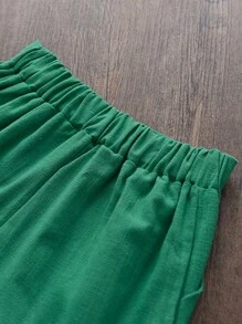 Young Girl 2-Piece Solid Color Ruffle Hem Sweet Top And Pleated Shorts Set, Summer - Green - View 8