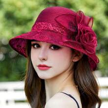 High-End Ladies' Lace Jacquard Mesh Bucket Hat With Flower Detail, Elegant & Fashionable, Suitable For Daily Wear And Travel Cowboy Hat Cowgirl Hat