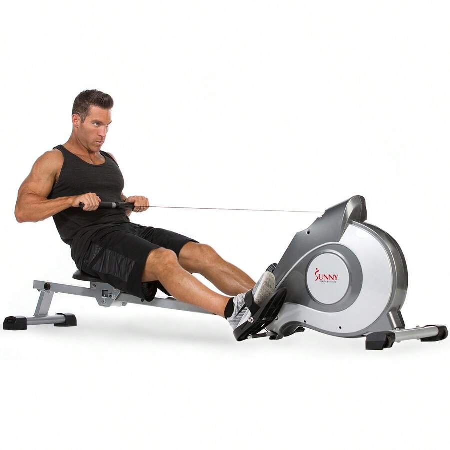 Magnetic Rowing Machine With LCD Monitor With 8-Level Resistance, Extended Slide Rail & Digital LCD Display - Sunny Health & Fitness SF-RW5515 Cardio Exercise Silver Adjustable Full Body Low Impact Durable Space Saving Compact Easy Storage Quiet Operation Comfortable Pedals  Appareil D'escalade Pliable Pour Exercices Cardio Verticaux Rowing Machine Foldable Machines Exercise Aparato Para Aser Videos With Course Monitor Aluminum Alloy Equipment Display