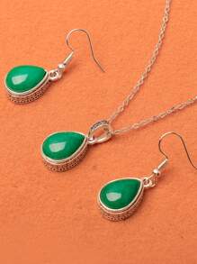 歐美時尚仿古銀電鍍假寶石項鍊和耳環套裝 - 綠色 - 查看 9
