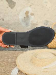 女士圆头休闲编织平底一脚蹬凉鞋，系带平底凉鞋，时尚简约平底凉鞋，舒适简约旅行沙滩鞋，平底凉鞋有白色、棕色、黑色、豹纹、花卉印花可选 - 黑色 - 查看 10