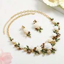 3pcs/Set Elegant Luxury Enamel & Metal 3d Flower Necklace And Earrings Set For Women, Perfect For Banquet And Dinner Parties Stylish And Versatile Valentines