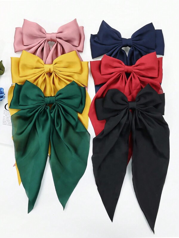 6pcs Bow Hair Accessories, Big Size Long Tail Aesthetic Hair Clips, Silk Ribbon Bow Hair Ties, Ponytail Holders For Girls
