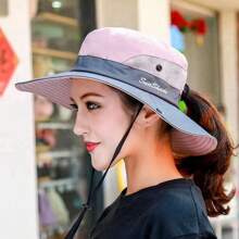 Street 1pc Women's Color Block Embroidered Bucket Hat For Beach, Hiking, And Other Outdoor Activities, With Windproof Strap And Room For Ponytail