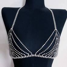 時尚全鑲鑽鑽石中空胸鏈,性感夜店歐美比基尼鏈 - 銀色 - 查看 2