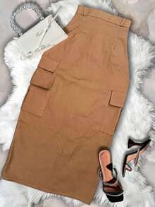 Falda Larga Cargo Tiro Alto Gabardina Abertura Enfrente Pierna Sexy - Caqui - Ver 3