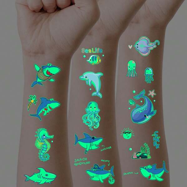 10 Hojas Tatuajes Luminosos Con Diseños Lindos De Tiburones, Ballenas, Delfines Y Otros Animales Marinos, Tatuajes Temporales Resistentes Al Agua Y Al Sudor Que Brillan En La Oscuridad,tatuajes maquina para tatuar tatuajes falsos