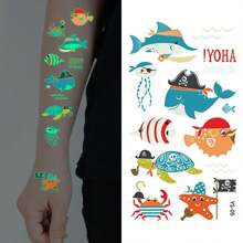 10 Sheets Luminous Tattoo Stickers, With Cute Cartoon Shark, Whale, Dolphin, And Ocean Animal Patterns, Waterproof And Sweatproof Temporary Tattoo Stickers That Glow In The Dark - Multicolor - View 4