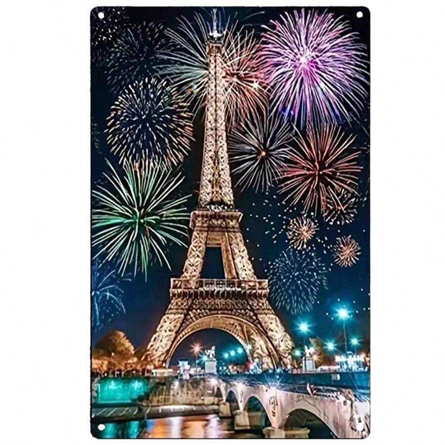1張有趣的金屬錫牌海報,“巴黎之夜”金屬壁藝 - 帶有充滿活力的煙火燦爛表演的艾菲爾鐵塔 - 浪漫的巴黎風景,適用於家居裝飾 - 耐用的印刷品,適用於客廳或臥室 - 法式美學 -12x8英寸
