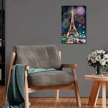 1張有趣的金屬錫牌海報,“巴黎之夜”金屬壁藝 - 帶有充滿活力的煙火燦爛表演的艾菲爾鐵塔 - 浪漫的巴黎風景,適用於家居裝飾 - 耐用的印刷品,適用於客廳或臥室 - 法式美學 -12x8英寸