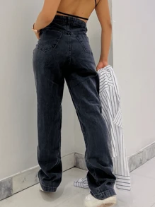 Women Jeans - 深色水洗藍 - 查看 2