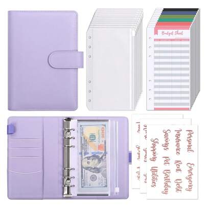 Pasta de orçamento com envelopes com zíper - Organizador de dinheiro roxo para dinheiro, Pasta A6 com envelopes para orçamento, Pasta econômica com adesivos pré-impressos em ouro rosa, Material escolar, Volta às aulas