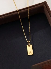1個女性用金色矩形標籤與功能字母雕刻掛墜項鍊,優雅時尚的禮物 - 金色 - 查看 6