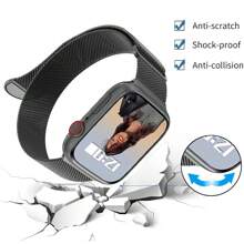 1 套时尚潮流 3 合 1 磁性不锈钢米兰尼斯表带和屏幕保护膜，带双排水钻，兼容 38mm 40mm 41mm 45mm 44mm 42mm 46mm 49mm，兼容 Ultra Series Ultra 9 8 7 6 5 4 3 2 1 SE Series10，舒适透气替换表带，防刮防水防震手表保护套，男女皆宜 - 黑色 - 查看 5