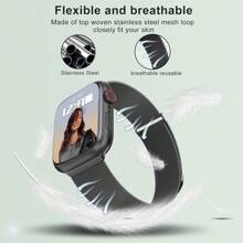 1 套时尚潮流 3 合 1 磁性不锈钢米兰尼斯表带和屏幕保护膜，带双排水钻，兼容 38mm 40mm 41mm 45mm 44mm 42mm 46mm 49mm，兼容 Ultra Series Ultra 9 8 7 6 5 4 3 2 1 SE Series10，舒适透气替换表带，防刮防水防震手表保护套，男女皆宜 - 黑色 - 查看 2