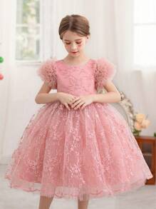 Váy dự tiệc lưới viền ren màu hồng cho bé gái, váy công chúa thanh lịch phù hợp cho tiệc sinh nhật, đám cưới, những dịp trang trọng, váy phù dâu - Hồng - Xem 3