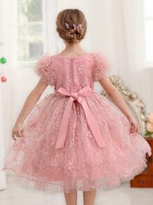 Váy dự tiệc lưới viền ren màu hồng cho bé gái, váy công chúa thanh lịch phù hợp cho tiệc sinh nhật, đám cưới, những dịp trang trọng, váy phù dâu - Hồng - Xem 2