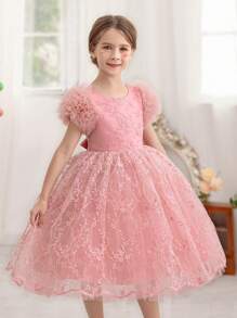 Váy dự tiệc lưới viền ren màu hồng cho bé gái, váy công chúa thanh lịch phù hợp cho tiệc sinh nhật, đám cưới, những dịp trang trọng, váy phù dâu - Hồng - Xem 1