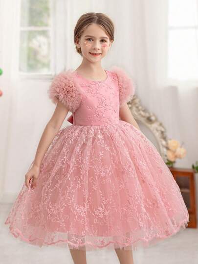Young Girl Pink Lace Trim Mesh Party Dress, Elegant Princess Gown Suitable For Girls Birthday Party, Wedding, Formal Occasions, Flower Girl Dress