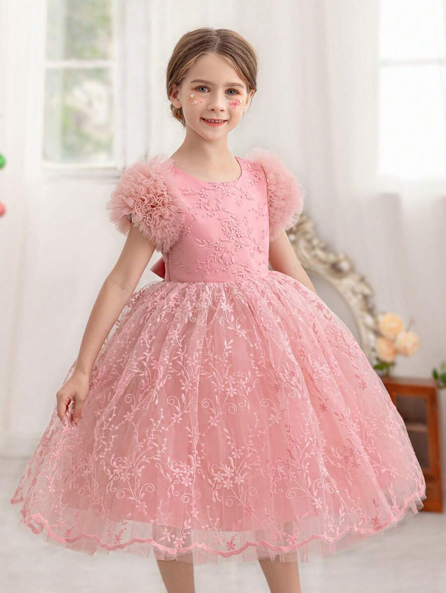 Váy dự tiệc lưới viền ren màu hồng cho bé gái, váy công chúa thanh lịch phù hợp cho tiệc sinh nhật, đám cưới, những dịp trang trọng, váy phù dâu - Hồng - Xem 1