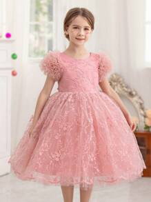 Váy dự tiệc lưới viền ren màu hồng cho bé gái, váy công chúa thanh lịch phù hợp cho tiệc sinh nhật, đám cưới, những dịp trang trọng, váy phù dâu - Hồng - Xem 6