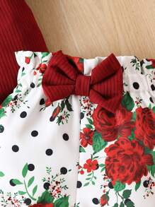 Conjunto de body de manga corta acanalado y shorts con estampado floral para bebé niña - Burdeos - Ver 6