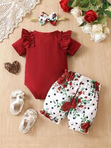 Conjunto de body de manga corta acanalado y shorts con estampado floral para bebé niña - Burdeos - Ver 2