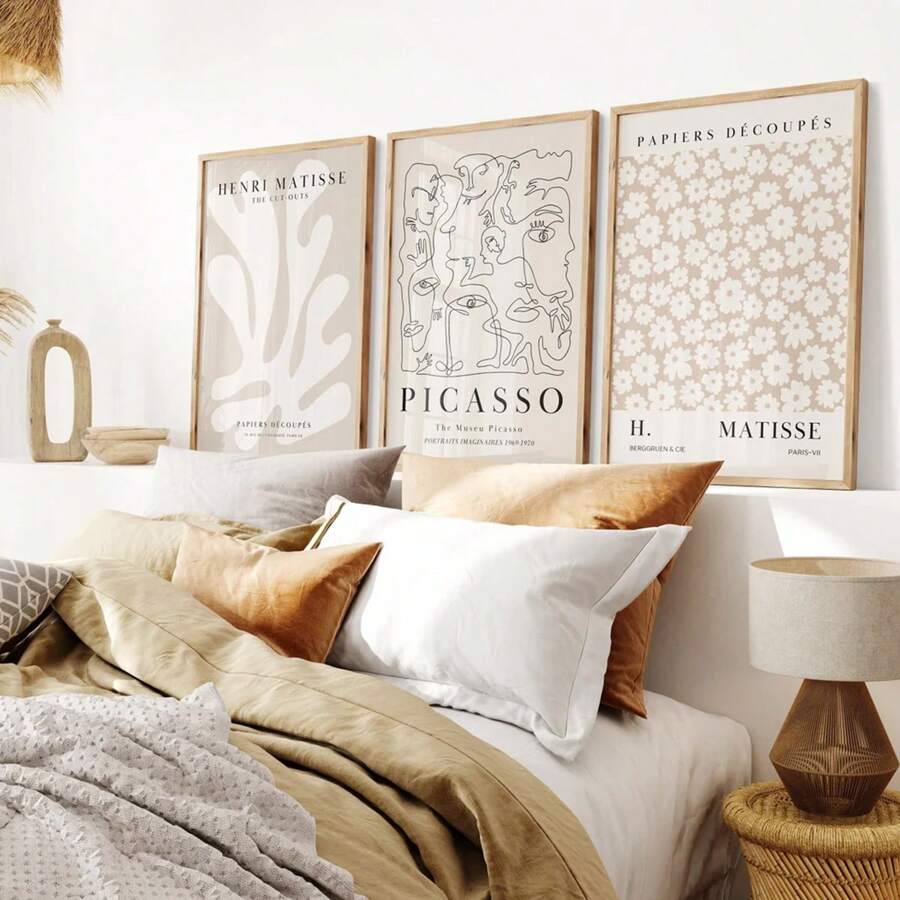 3pcs Unframed Neutral Wall Art Prints Set, Including Picasso, Matisse & Gallery Styled Posters, Matisse Posters, Beige Exhibition Posters, Vintage Wall Art, Canvas Art, Retro Posters, Room Wall Decoration Gifts Birthday Graduation