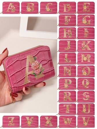 鳄鱼压纹翻盖石压纹字母套装搭配水彩花朵和树叶时尚印花拉链多卡位卡片收纳盒用于存储信用卡轻便多层便携式身份证信用卡简约时尚现代商务周年纪念生日礼物女孩礼物女士礼物女包学校用品宿舍和返校热粉色情人节女士钱包钱包小钱包