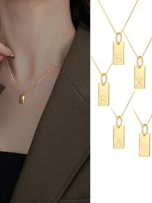 1個女性用金色矩形標籤與功能字母雕刻掛墜項鍊,優雅時尚的禮物 - 金色 - 查看 3