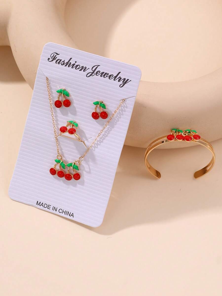Set De Joyería De Frutas Para Niñas De 5 Piezas Que Incluye Collar, Pendientes, Anillos Y Pulseras Con Diseño De Cereza - Rojo - Ver 1