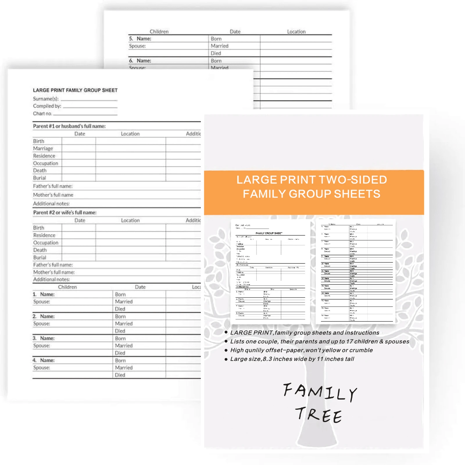 2入組族譜表格筆記本,大字印刷,雙面祖先家族表格,檔案儲存級別的族譜表格,筆記本筆記,註冊簿