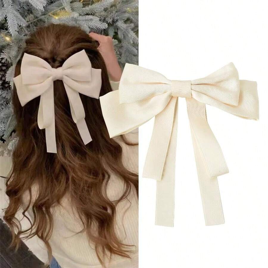 1pc Hair Bow Clips For Ribbon Barrette For Girls Hair Accessories For Thick Thin Hair Ribbons For Little Girls Long Tassel Hair Clip For Girl Non Slip Hair Barrettes For Ponytails With Ribbons - White - View 1