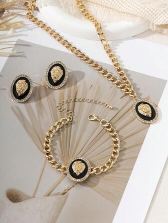 3pcs/Set Fashionable Lion Head Shaped Earrings, Bracelet And Necklace For Women Daily Wear, Popular Gift