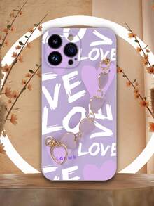 1入紫色電鍍心形吊飾手鍊和1入紫色TPU字母印花防摔手機殼，適用於iPhone、Samsung、Xiaomi、OPPO、Android - 彩色 - 查看 1