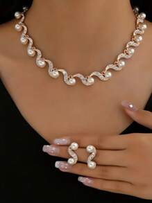 3PCS Set Pearl Jewelry Necklace Earrings Suit, European And American Popular Style, Suitable For Banquets, Parties, Vacations - Best Gift For Girlfriend, Wife, Best Friend