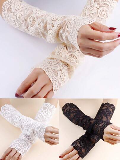 1pair Solid Color Lace Hollow Out Thin Sun Protection Sleeve For Elbow, Scar Cover Up For Women In Summer Fashion Summer
