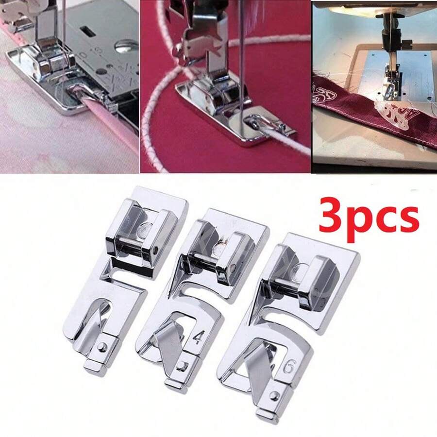 3pcs/Set Narrow Rolled Hem Sewing Machine Presser Foot Set, Suitable For 3mm, 4mm, 6mm, Compatible With Household Multifunctional Sewing Machine - Silver - View 1