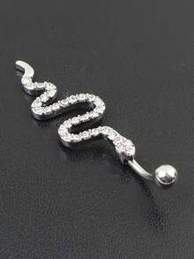 1 Pieza Anillo De Ombligo De Serpiente Incrustado Con Piedras Brillantes De Estrás, Elegante Joyería De Perforación De Uñas De Cobre Del Cuerpo De Ombligo - Plateado - Ver 2