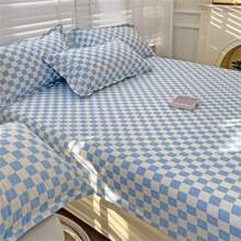 1pc New Printed Single Fitted Sheet Is Soft And Comfortable, Suitable For Family Bedrooms, Dormitory Single Beds, Etc - Checkerboard Blue Grid - View 2