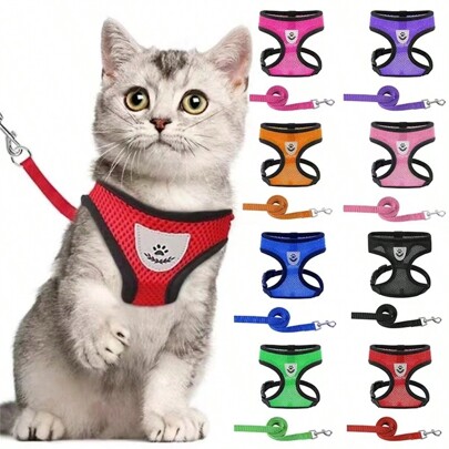 Pet Chest Strap Harness & Leash Set, Dog Cat Mesh Breathable Vest Type Anti-Slip Walking Lead Rope Outdoor Travel With Foldable Feeding Bowl Combo