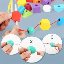 Montessori Beads Stacking Toy Set With Color/Shape Matching, Beads/Stringing And Stackable Blocks Toy Set, Sensory Learning Educational Toy With 8 Double Sided Task Cards And 2 Strings, Birthday/Holiday Gift - Multicolor - View 5