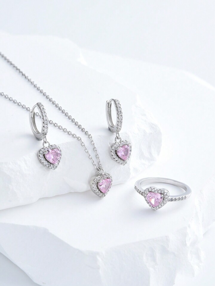 3pcs/Set Fashionable Cz Pink Heart Ring, Necklace And