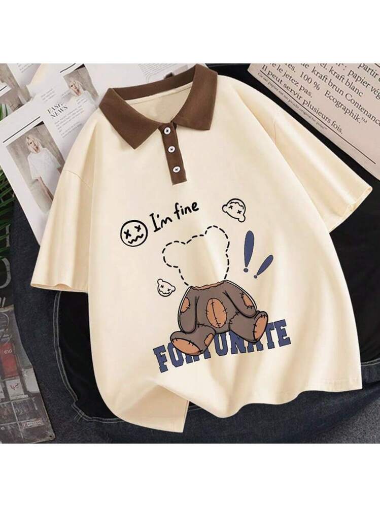 Girls' Printed Polo Shirt, Casual Top For Teenage Girls, Back To